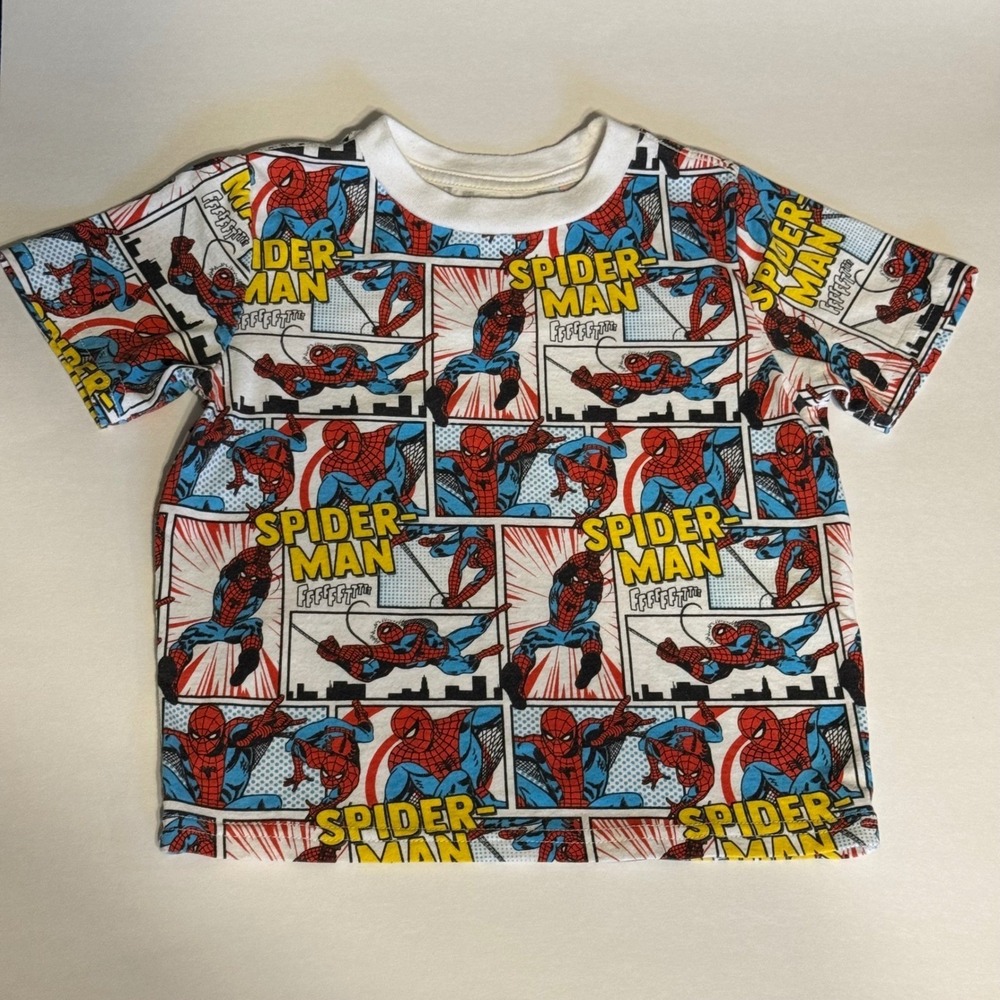 Marvel Spider-Man Comic Panel All Over Print T-Shirt Kids Size 3T White Red Blue